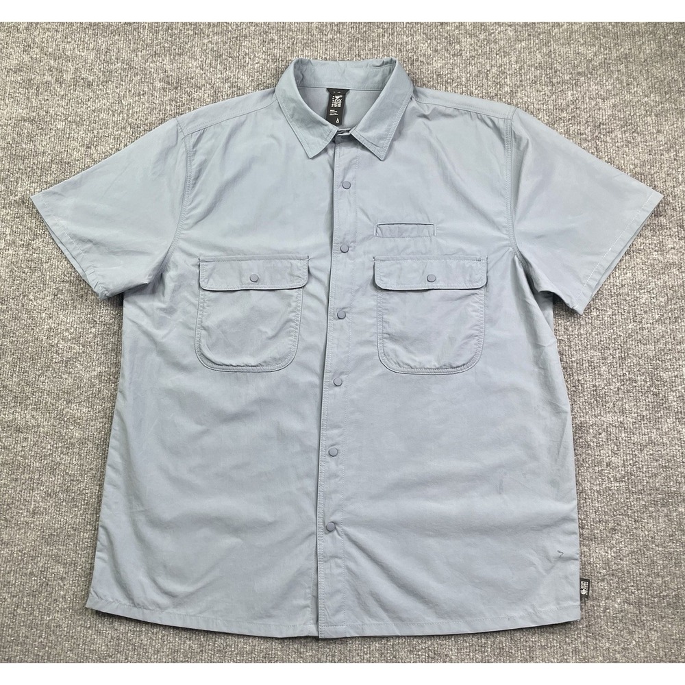 Mountain Hardwear Button Up Shirt Mens Large Gray Blue Short Sleeve Nylon OM5924
